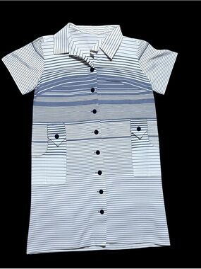 Short-Sleeve Button Shirt Dress - White with Blue Stripes